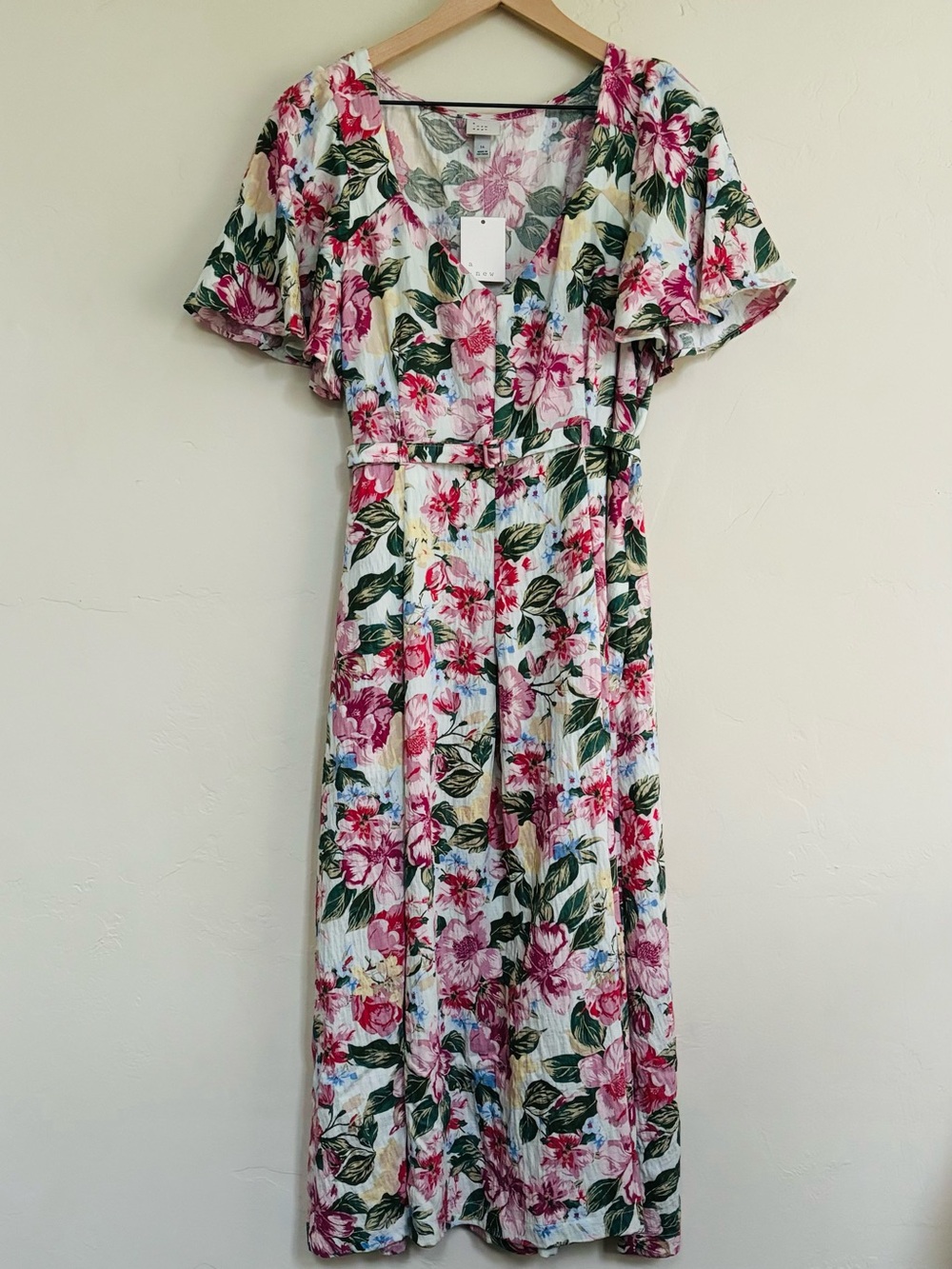 A New Day Women’s Flutter Sleeve Belted Midi Dress Pink/Green Floral Print NWT